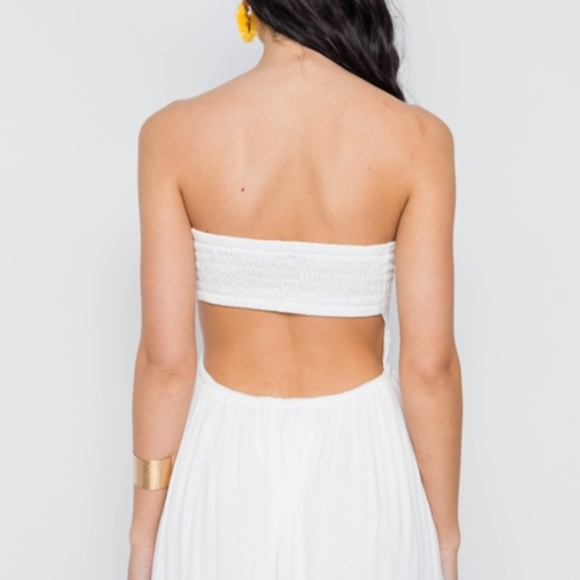 WHITE STRAPLESS SMOCKED FLORAL LACE BOHO DRESS - Picture 2 of 8